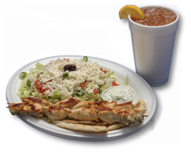 Grecian Corner Chicken Souvlaki Platter with Iced Tea